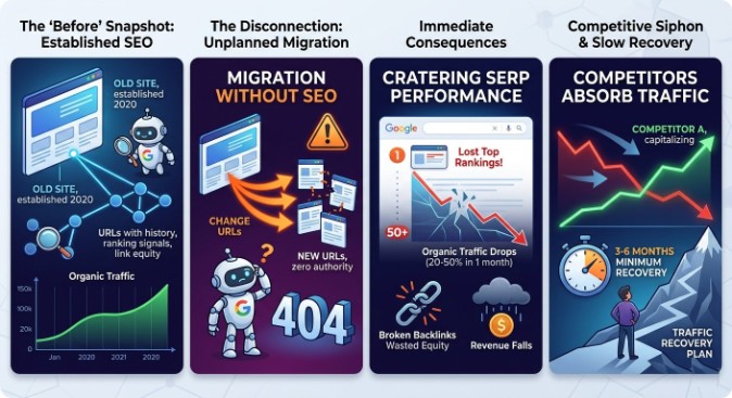 Here's the reality. Website migrations are high-stakes projects. There's no sugarcoating that. But the vast majority of migration disasters don't happen because migrations are inherently dangerous. They happen because teams skip steps, rush timelines, and treat SEO as an afterthought rather than a core requirement.

With the right SEO migration strategy, a clear migration roadmap, and disciplined SEO execution across every phase, you can migrate your website without losing your search engine rankings. In fact, you can come out the other side with better organic performance than you started with.

Every step in this SEO website migration checklist exists for a reason. The redirect mapping prevents broken backlinks. The content migration strategy preserves topical authority. The performance benchmarking gives you visibility into what's working and what needs fixing. And the post-migration monitoring catches problems before they snowball into full-blown traffic crises.

Think of this checklist as your site migration risk mitigation playbook. Print it out. Share it with every team member involved. Whether you're a project manager overseeing a website migration project, an SEO specialist running the technical SEO work, or a business owner trying to protect your lead generation pipeline, every person involved needs to understand the process.

The smartest brands don't treat migrations as purely technical projects. They treat them as strategic moments for SEO growth. A chance to rebuild smarter, optimize harder, and establish a stronger search visibility preservation foundation than they had before. They focus on performance optimization, organic traffic retention, search-intent optimization, and entity-based SEO principles to make the new site even more competitive than the old one.