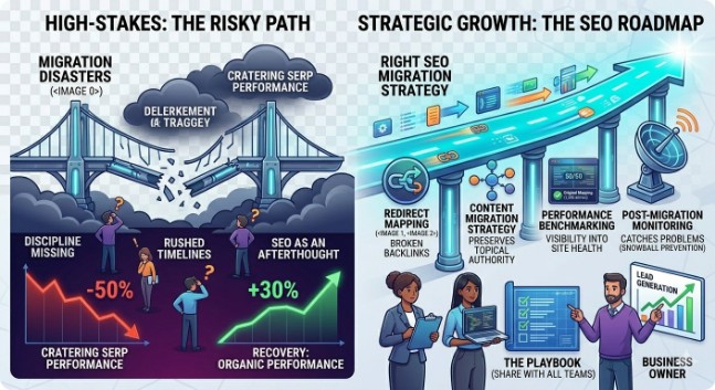 Here's the reality. Website migrations are high-stakes projects. There's no sugarcoating that. But the vast majority of migration disasters don't happen because migrations are inherently dangerous. They happen because teams skip steps, rush timelines, and treat SEO as an afterthought rather than a core requirement.

With the right SEO migration strategy, a clear migration roadmap, and disciplined SEO execution across every phase, you can migrate your website without losing your search engine rankings. In fact, you can come out the other side with better organic performance than you started with.

Every step in this SEO website migration checklist exists for a reason. The redirect mapping prevents broken backlinks. The content migration strategy preserves topical authority. The performance benchmarking gives you visibility into what's working and what needs fixing. And the post-migration monitoring catches problems before they snowball into full-blown traffic crises.

Think of this checklist as your site migration risk mitigation playbook. Print it out. Share it with every team member involved. Whether you're a project manager overseeing a website migration project, an SEO specialist running the technical SEO work, or a business owner trying to protect your lead generation pipeline, every person involved needs to understand the process.

The smartest brands don't treat migrations as purely technical projects. They treat them as strategic moments for SEO growth. A chance to rebuild smarter, optimize harder, and establish a stronger search visibility preservation foundation than they had before. They focus on performance optimization, organic traffic retention, search-intent optimization, and entity-based SEO principles to make the new site even more competitive than the old one.